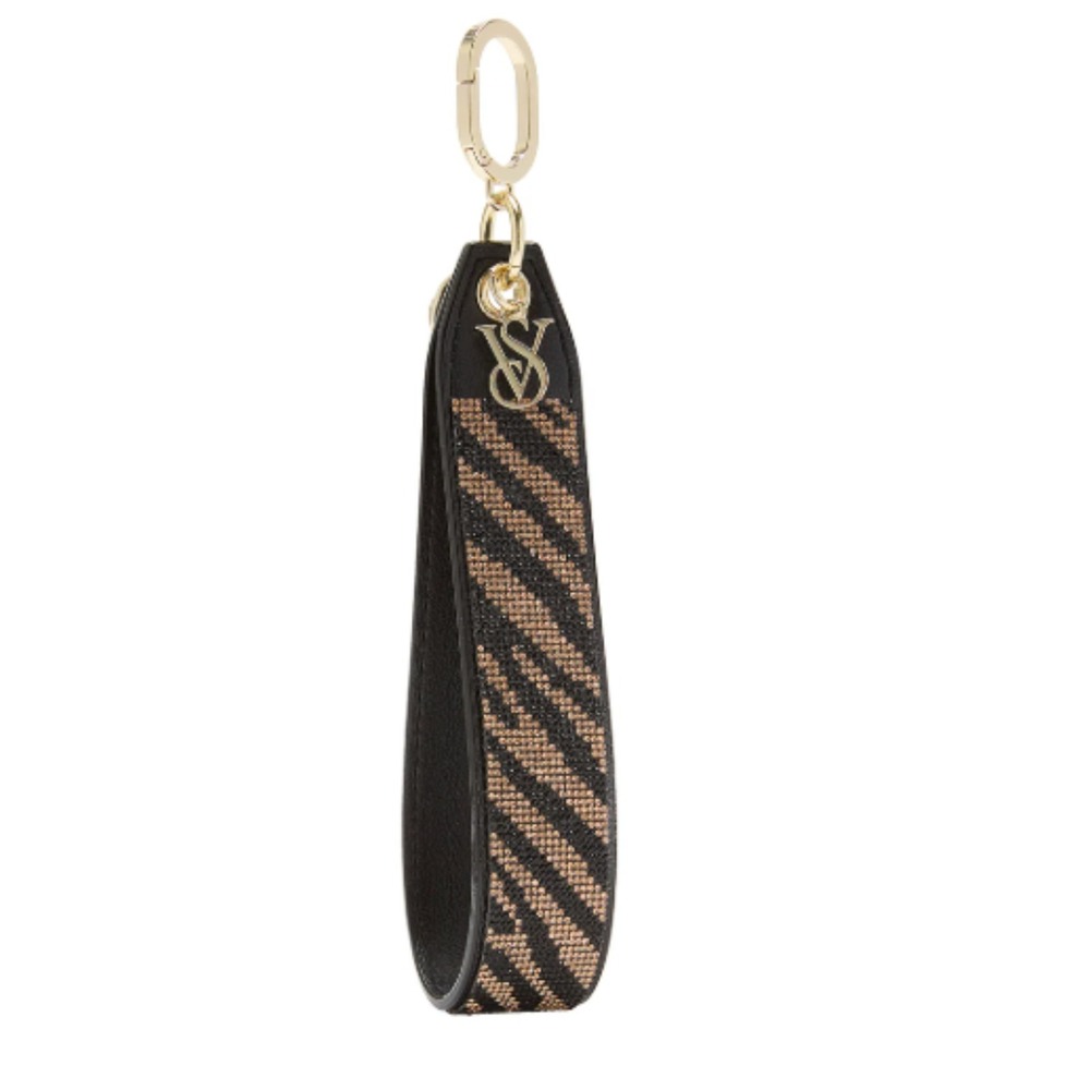 Victoria's Secret Wristlet Strap Keychain VS Logo Black Zebra Straw Bag Charm